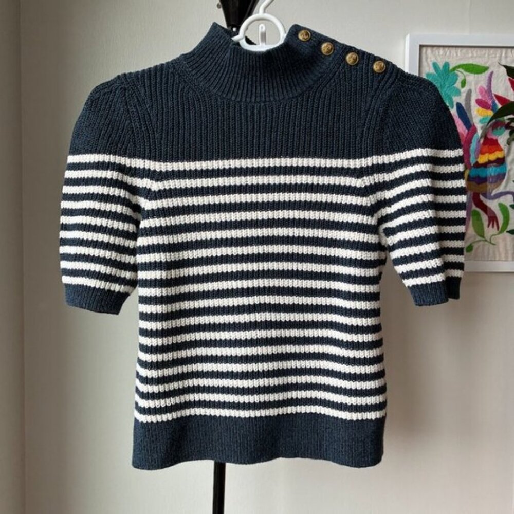 Anthropologie Maeve Nautical Blue and White Strip Knit Short Sleeve - Size XS